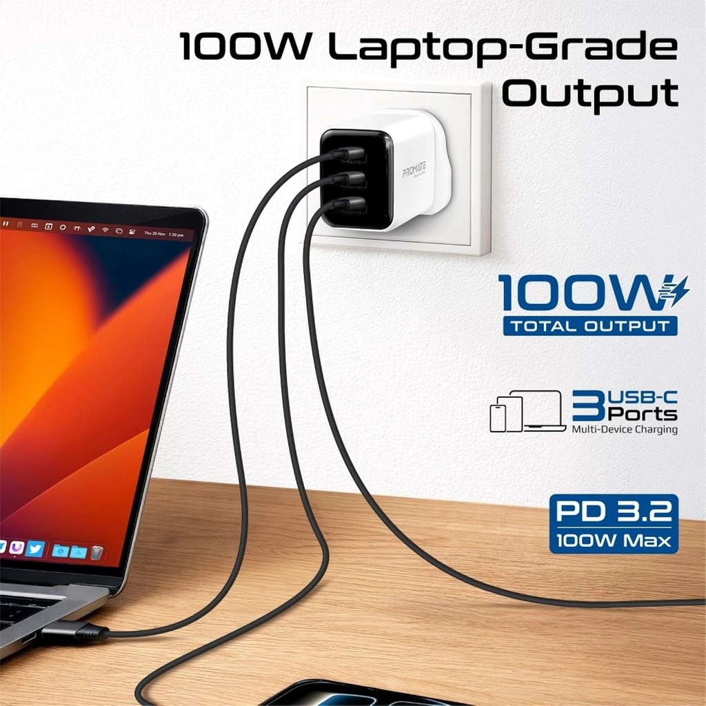 Promate 100W PowiGaN USB-C Charger, 3 Ports, PD 3.2, PPS & AVS, Smart Power Distribution, AI Thermal Protection | Quantum-100 |
