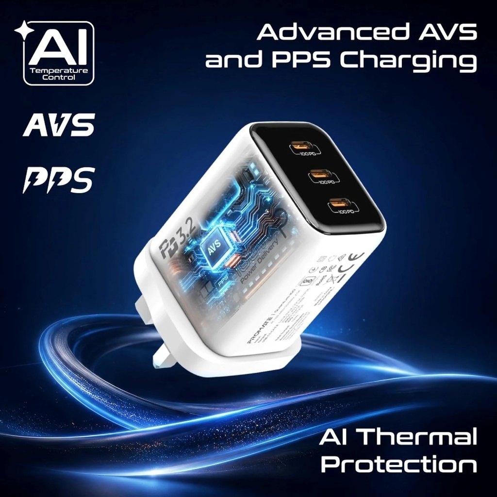 Promate 100W PowiGaN USB-C Charger, 3 Ports, PD 3.2, PPS & AVS, Smart Power Distribution, AI Thermal Protection | Quantum-100 |