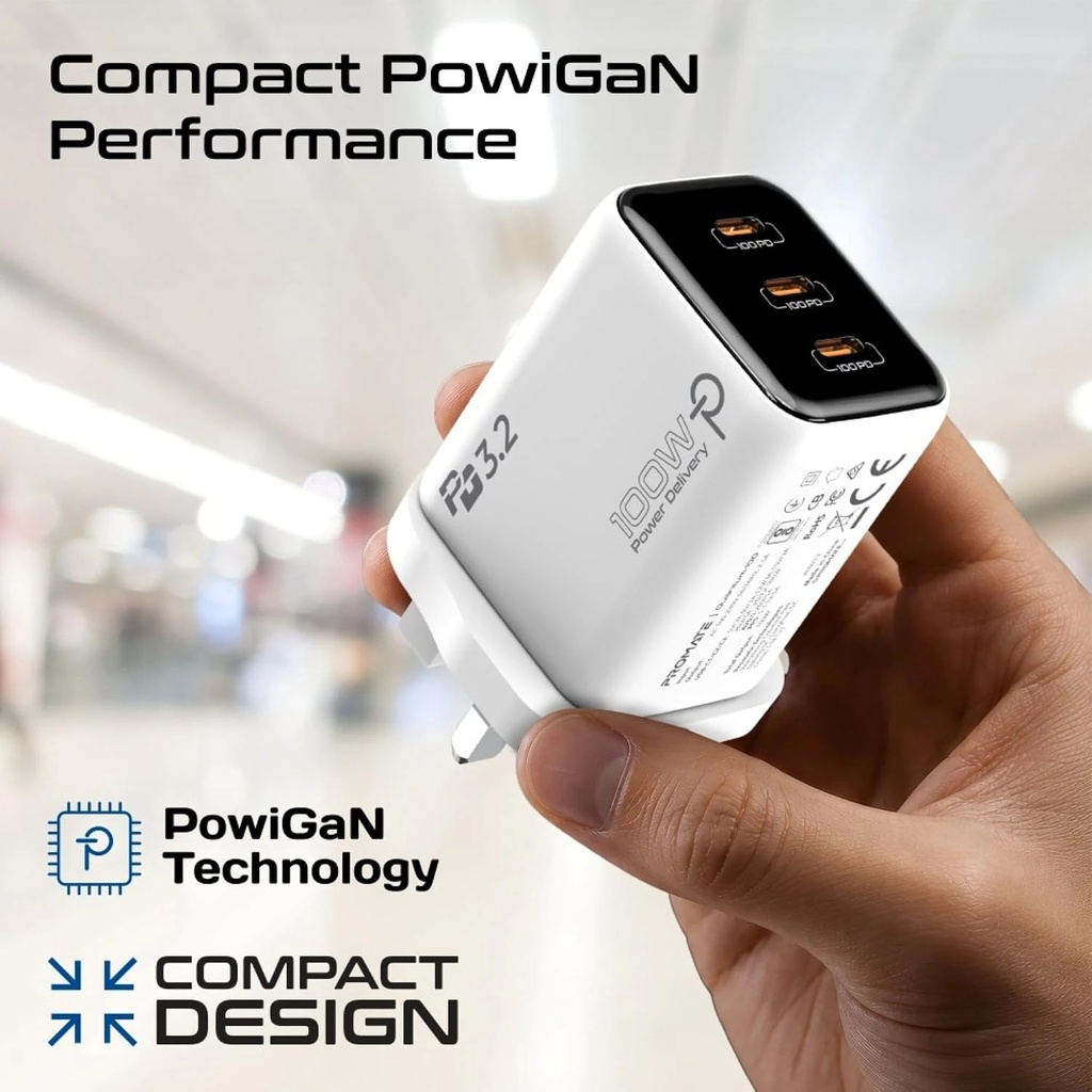 Promate 100W PowiGaN USB-C Charger, 3 Ports, PD 3.2, PPS & AVS, Smart Power Distribution, AI Thermal Protection | Quantum-100 |