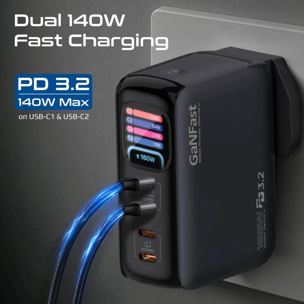 Promate GaNFast 165W USB-C Charger, 4 Ports, Dual 140W PD 3.2, TFT Smart Display, PPS & AVS, Multi-Device Charging | Prime-165 |