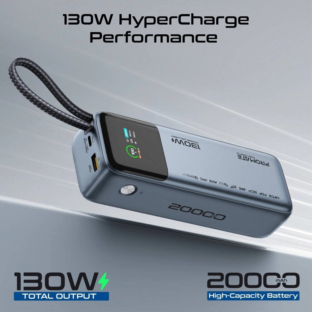 Promate 20000mAh Power Bank, 130W Total Output, 100W USB-C PD, Built-In Braided Cable, 22.5W USB-A, 65W Fast Recharge, TFT Display | Titan-130Pro |