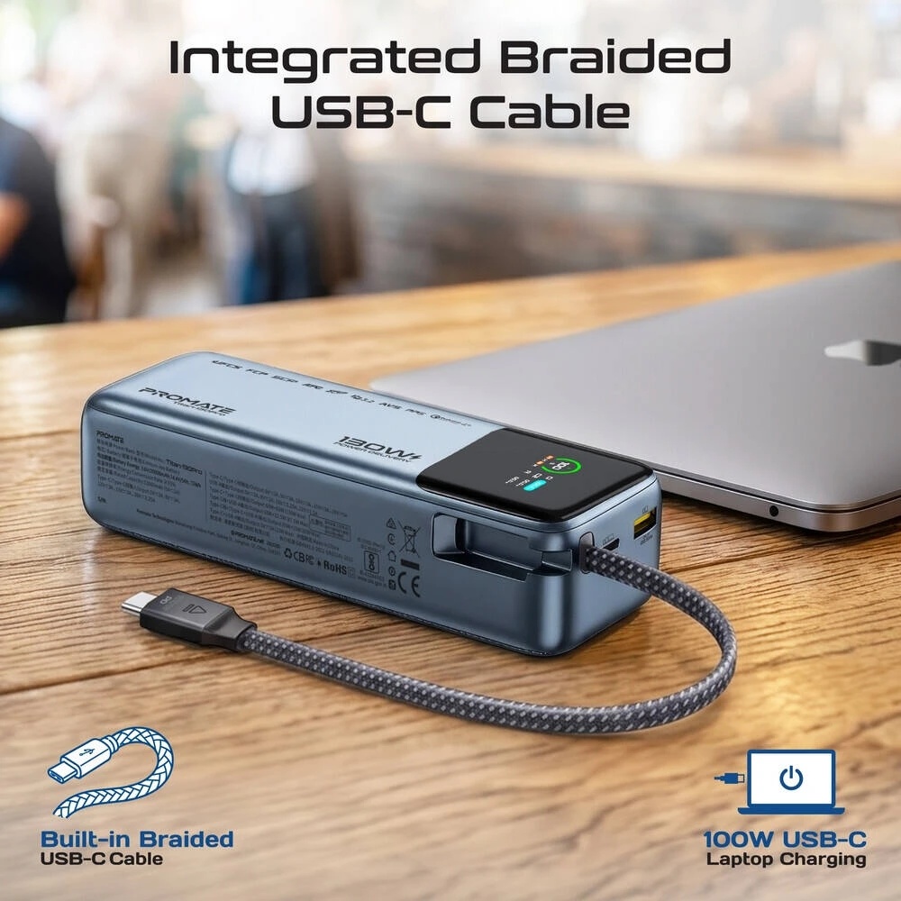Promate 20000mAh Power Bank, 130W Total Output, 100W USB-C PD, Built-In Braided Cable, 22.5W USB-A, 65W Fast Recharge, TFT Display | Titan-130Pro |