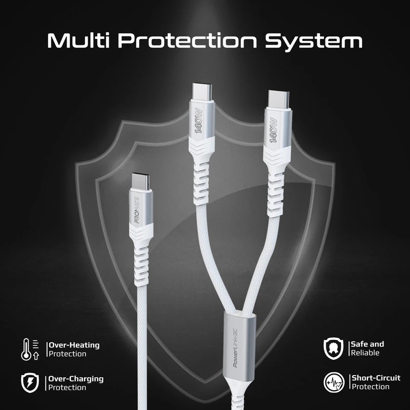 Promate 140W USB-C to Dual USB-C Charging Cable, PD 3.1, 480Mbps Data Transfer, 1.4M Fabric Braided Cable | PowerLink-3C |
