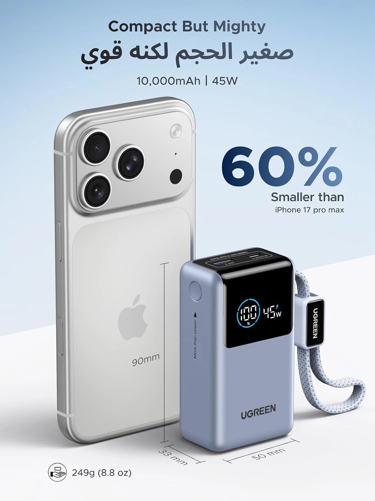 UGREEN Nexode Pro Mini Power Bank 10000mAh, 55W Fast Charging, Built-In USB-C Cable, Digital Display, Triple Device Charging | PB727 / 85301B |