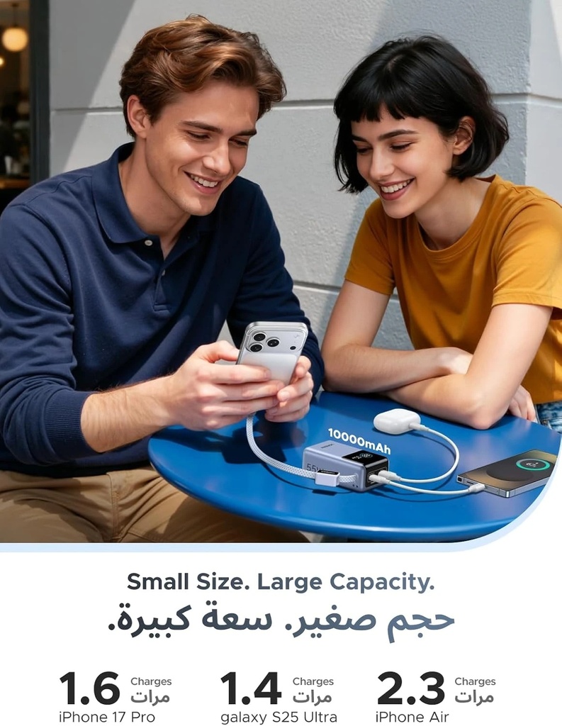 UGREEN Nexode Pro Mini Power Bank 10000mAh, 55W Fast Charging, Built-In USB-C Cable, Digital Display, Triple Device Charging | PB727 / 85301B |