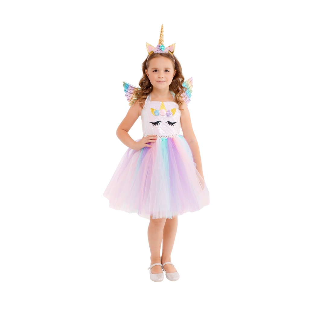 Unicorn Cosplay Costume For Toddler Girls Dress Rainbow Dance Costume with Headband