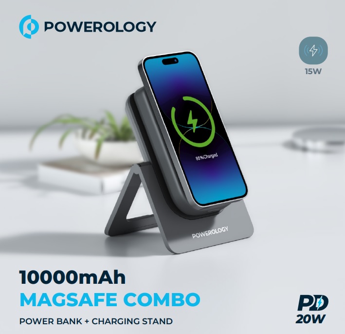 POWEROLOGY Magsafe Combo | 10000 mAh Power Bank + Charging Stand | USB-C Charging | Built-in Safeguards | Fast Charging | Pass-Through Technology | 1 Year Warranty | PPBCHA21GY |
