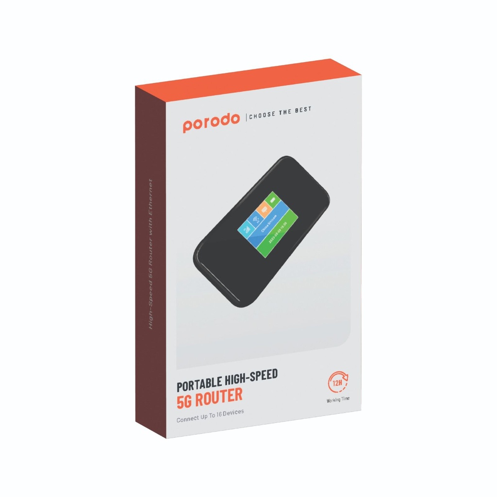 Porodo Portable High-Speed 5G Router | Up to 16 Devices | 40 Meter Signal Distance | Nano-Sim | 2.4/5GHz | 12 Hours Working Time | 12 Months Warranty | PD-5GMIFI-BK |