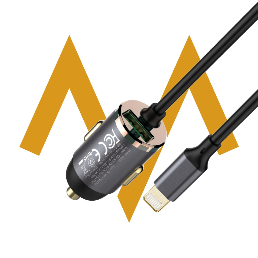 7MD Car Charger With Built-in 20W Lightning Cable & 18W USB Port For Simultaneous Quick Charging (7MD-Q03)
