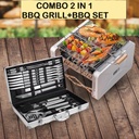 2 in 1 Stainless Steel BBQ Tools Set with Aluminum Case + Suitcase Folding Carbon Oven BBQ Grill (LX26+TXZ-WK310096-1)