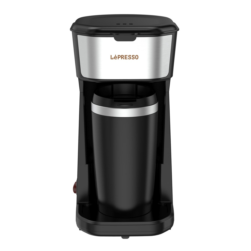 LePresso Coffee Maker with 400mL Heat Insulated Travel Mug, 450W, One-Touch Brewing – Black | LPCMTMBK |