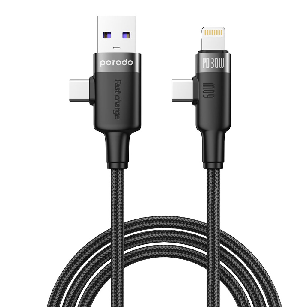 كابل شحن سريع مجدول بقدرة 60 واط ثنائي الموصل ‏USB-A/تايب سي إلى تايب سي ولايتنيق بطول 1 متر من بورودو | PD-AC2CLC-BK |