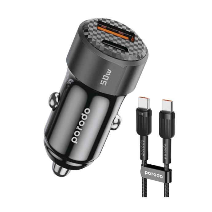 شاحن سيارة بمنفذين بقدرة 50 واط ‏PD 20W + QC 30W مع كابل Type-C إلى Type-C من بورودو - أسود | PD-CC50WC-BK |