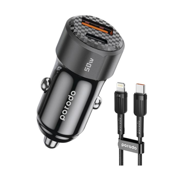 شاحن سيارة ثنائي المنافذ بقدرة 50 واط ‏(PD 20W + QC 30W) مع كابل Type-C إلى Lightning من بورودو - أسود | PD-CC50WL-BK |