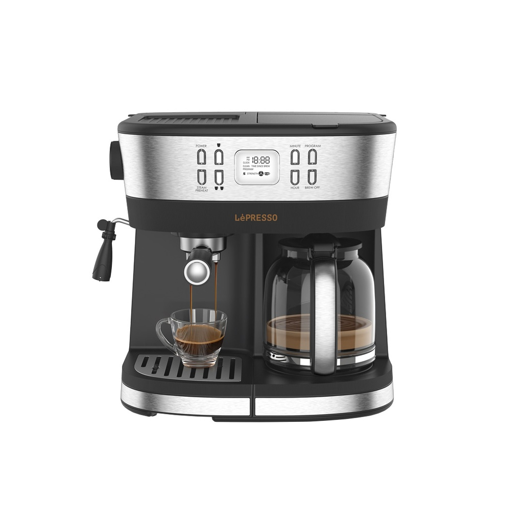 LePresso Dual Brew Espresso & Drip Coffee Machine 20 Bar Pressure, Milk Steamer, Adjustable Temperature, Programmable, Nespresso Compatible - Black |LP002||LPCFFM0002-BK|