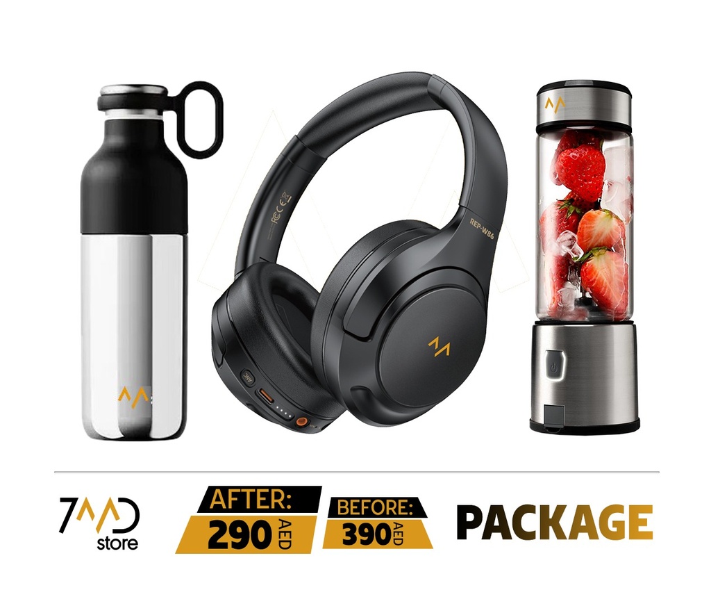 7MD Package Contains 1 x 7MD Portable Fruit Blender 1 x 7MD 400mAh ANC Headphones and 1 x 7MD 600ml Thermos Cup