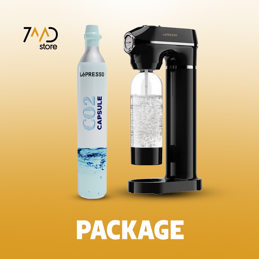 حزمة 7MD تحتوي على: 1 × Lepresso Carbonator لصنع الماء الفوار الفوري مع مقياس ضغط 1 × كبسولة LePresso CO2 لصنع الماء الفوار