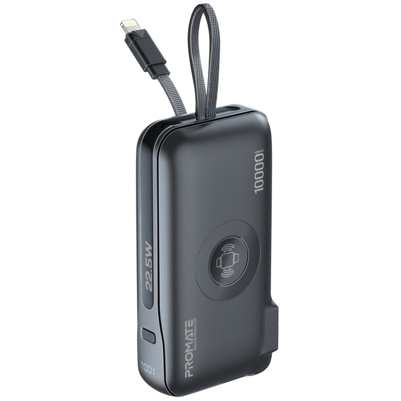 Promate 10000mAh 20W Ultra compact Fast Charging Power Bank with AC Charger Apple Watch Charger and Built In Lightning Cable |PowerPack-10i|