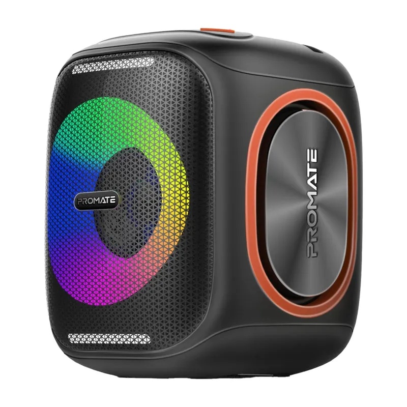 بروميت لومي ساوند™ سترايك-40 | سماعة بلوتوث بقوة 40 واط، إضاءة RGB، صب ووفر مدمج، حامل هاتف، ومقبض حمل