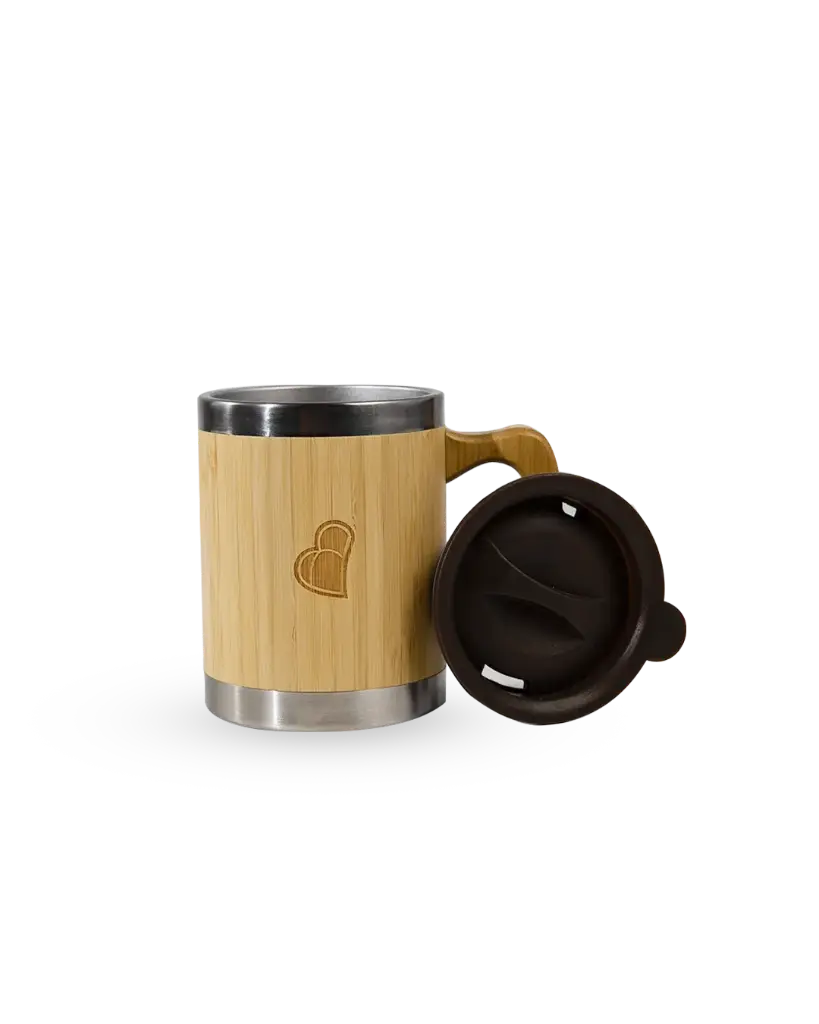 Ghaith and Qalby Etmaan 350 ml Bamboo Thermal Mug with Handle Eco Friendly Insulated Reusable Coffee Cup Leakproof Travel Mug