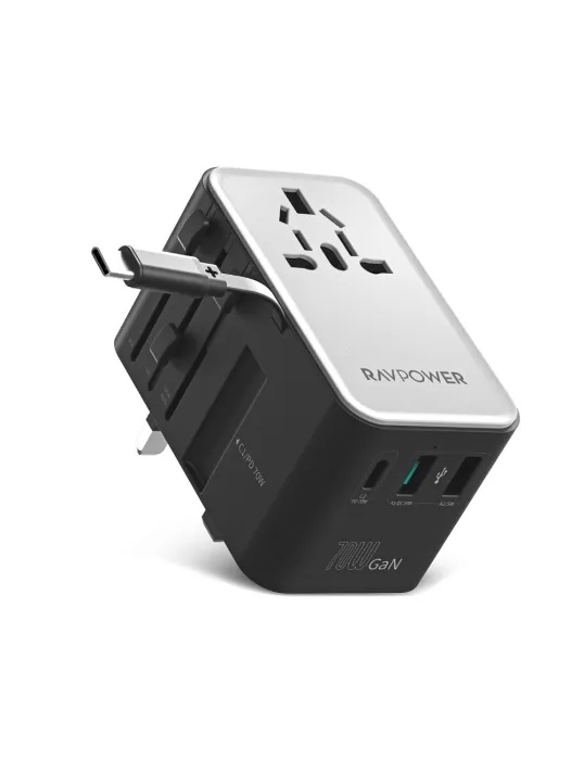 فيشة تحويل عالمية مناسبة للسفر بقوة 70 واط من راف باور | 5 في 1 مع كابل USB-C مدمج | متوافق في 190 دولة | شحن سريع PD |م: RP-PC1061 | 