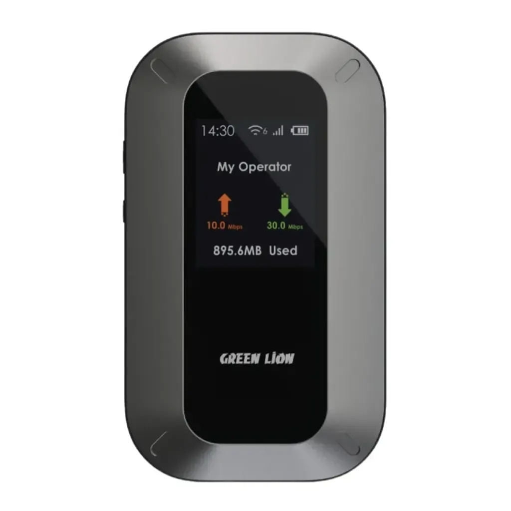 راوتر واي فاي محمول من Green Lion – MiFi بتقنية WiFi 6 وLTE، بطارية 3000mAh، شحن سريع USB-C، يدعم حتى 10 أجهزة، نظام Linux | م: GNMIFI6RTRBK |