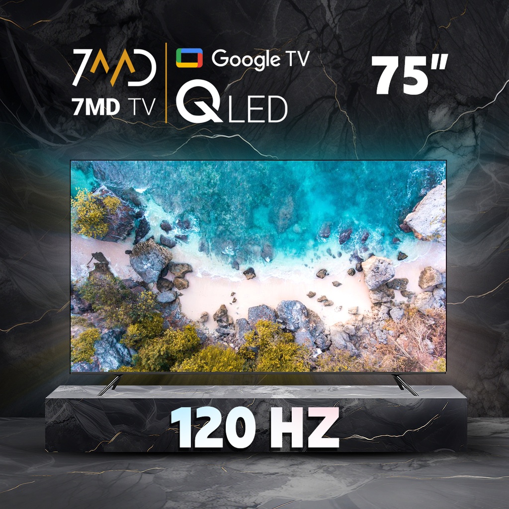 تلفزيون حمد ستور الذكي - 75 بوصة QLED بدون إطار، شاشة بتردد 120 هرتز، نظام Google TV 5.0، منفذ HDMI 2.1، ريموت مزدوج، مع حامل حائط ضمن الباقة مع دعم وتحديث للبرامج مجانا لمدة سنة واحدة | 7MR75DT24USBT2Q |