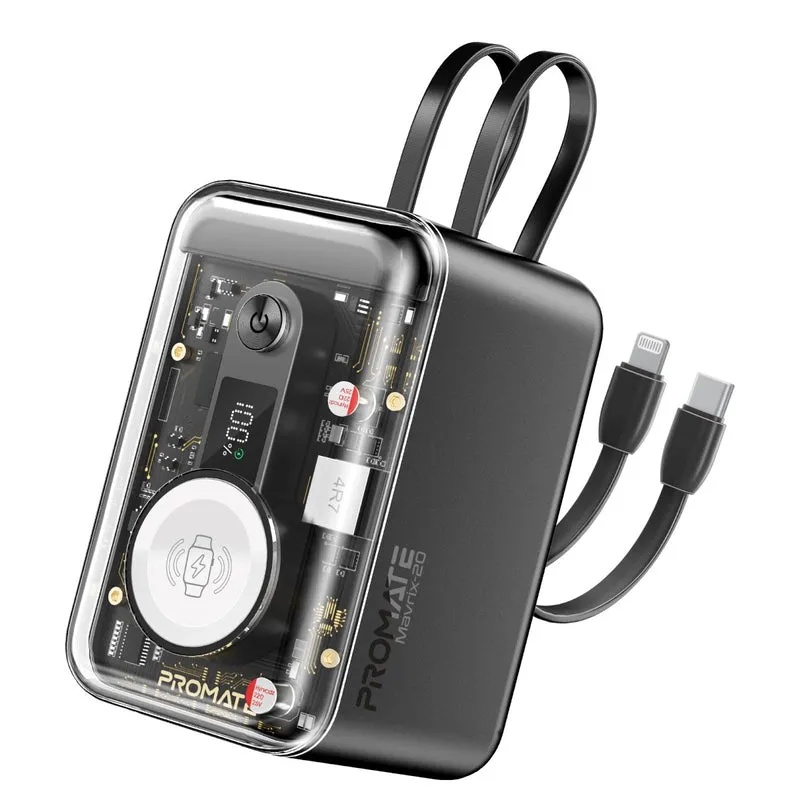 باور بانك بسعة 20000mAh وبقدرة 65W PD من Promate – تصميم شفاف، شحن متعدد الأجهزة، كابلات مدمجة تايب سي ولايتنيق | Mavrix-20 |