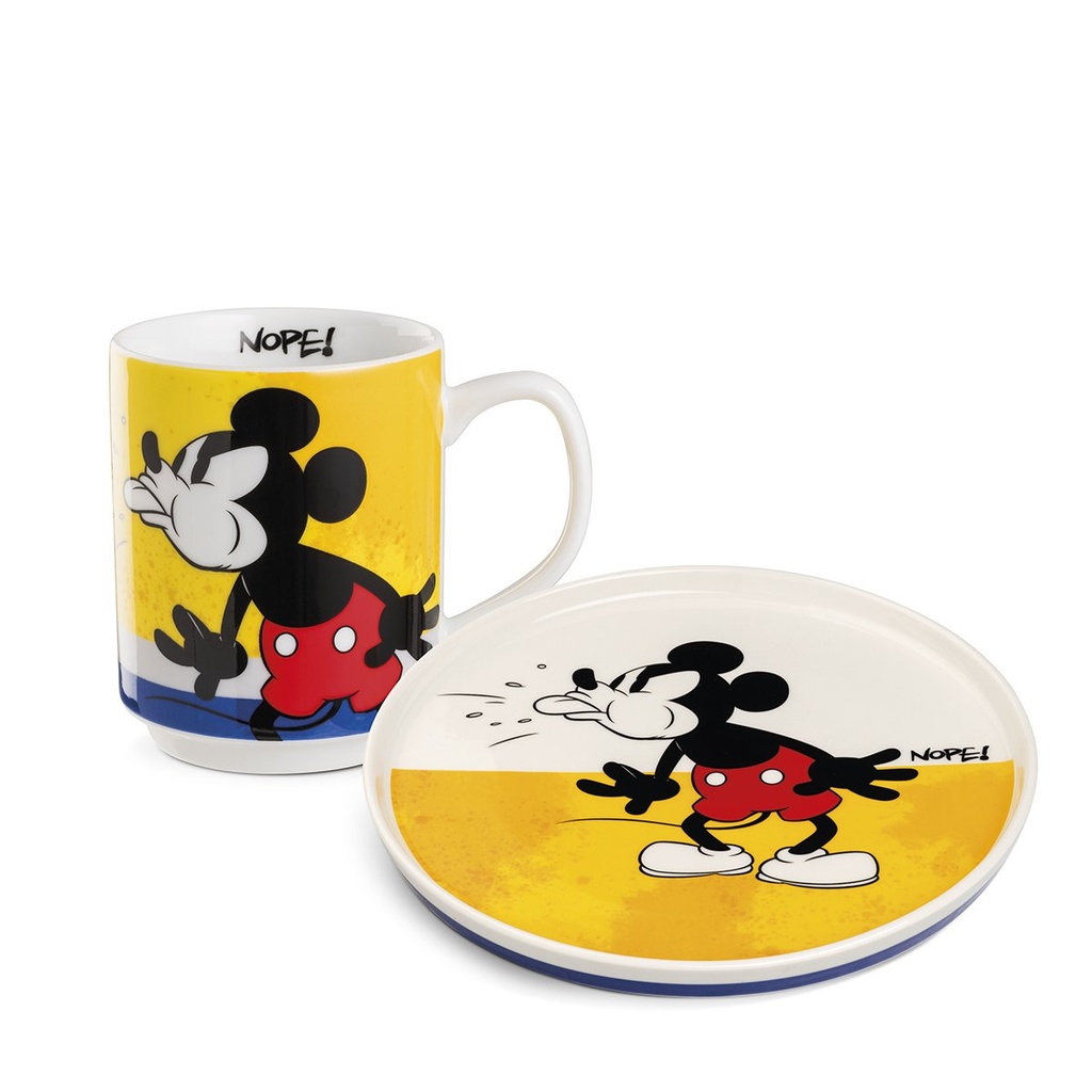 طقم كوب مكدس مع صحن حلوى من ديزني – بتصميم Mickey & Minnie “I Am”، مصنوع من نيو بون تشاينا، كوب بسعة 80 مل، آمن للميكروويف وغسالة الصحون، جاهز للإهداء