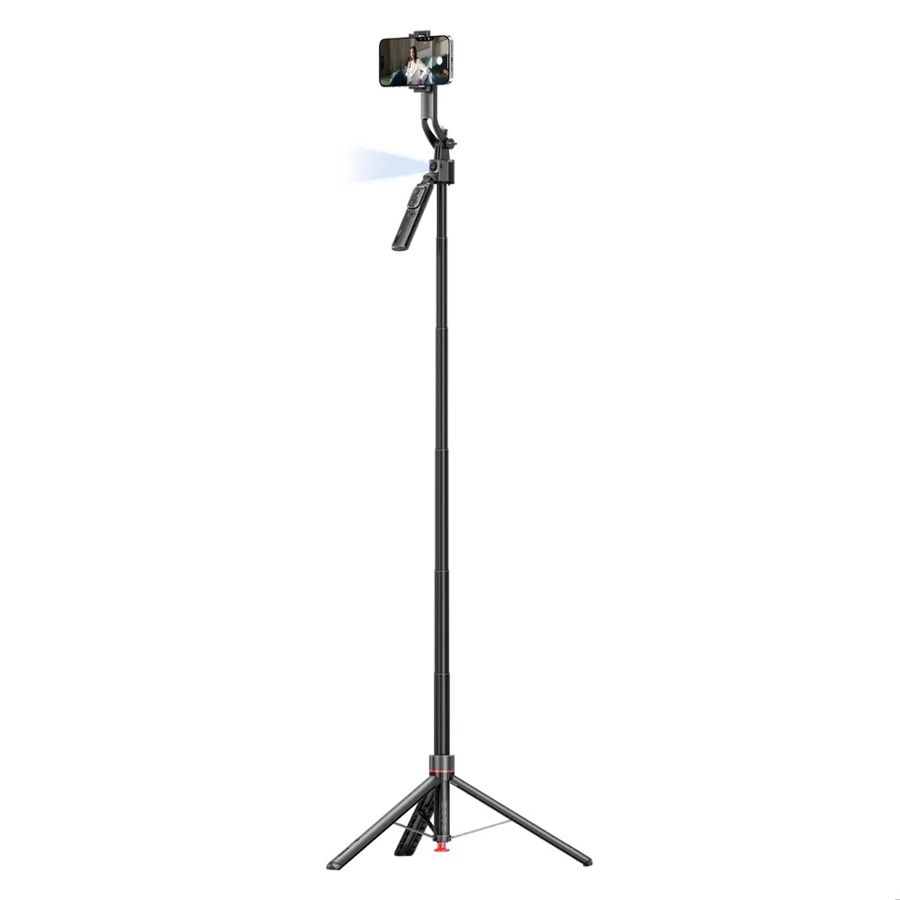 Promate Smart Tripod – 176cm Telescopic Rod, Auto‑Pop Base, 360° AI Face Tracking, Gesture Control, Dual Mount Clamp, Magnetic Bluetooth 5.4 Remote | TriPop‑Ai |