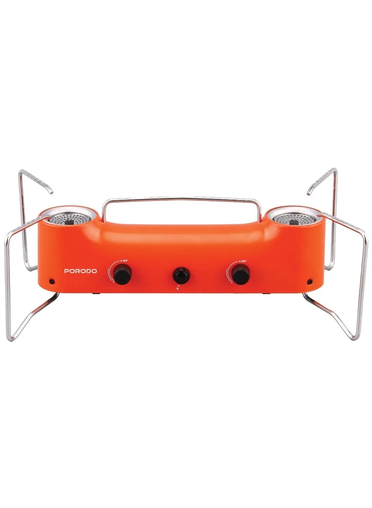 PORODO Lifestyle Foldable 2-Burner Camping Gas Stove – Compact & Portable, Pulse Ignition, Butane Fuel, Ideal for Outdoor Cooking, Hiking & Hunting | PDLFSTJY02OR |