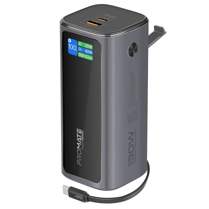 باور بانك متعدد المنافذ بقدرة 130 واط من بروميت - سعة 20000 مللي أمبير/ساعة، مع كابل USB-C قابل للسحب وشاشة TFT LCD. م:| Titan-130RC |