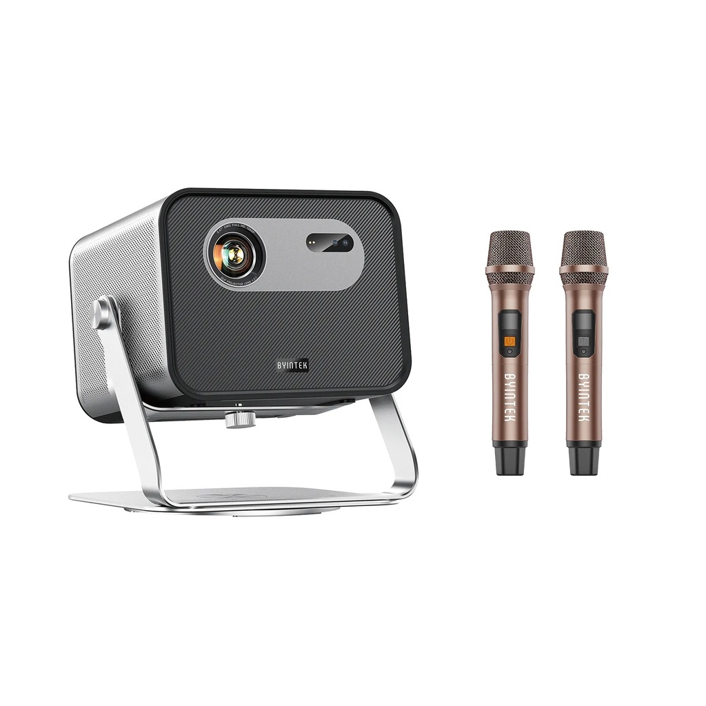 Byintek Smart WiFi DLP Projector with 2200 ANSI Brightness, Full HD 1080P, Google TV 11.0, PTZ Stand and Dual Wireless Microphones for Karaoke & Home Cinema | UFO R90 Max |