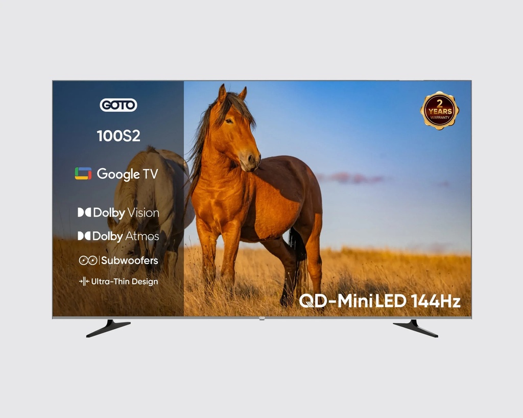 GOTO 100 inch QD-Mini LED Smart TV – 144Hz, Dolby Vision & HDR10+, Google TV with Dolby Atmos With 1 Year Free Software Support & Update | 100S2 | G100GQMU1SN144R |