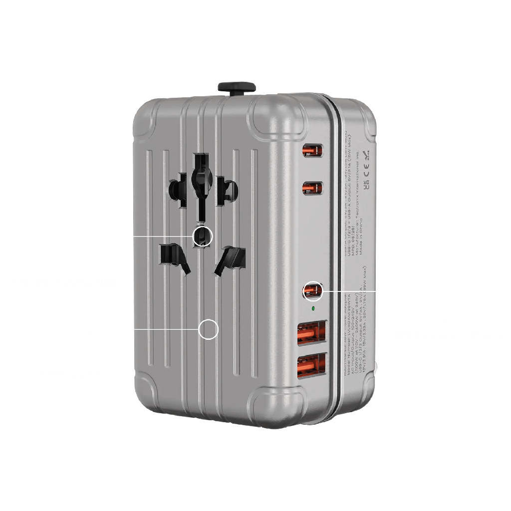 محول سفر Roamiversal بقدرة 2400 واط مع قابس عالمي، شحن PD بقدرة 35 واط، و3 منافذ USB-C و2 منفذ USB-A من ليفيلو | LVLROAMI35WTAASL |
