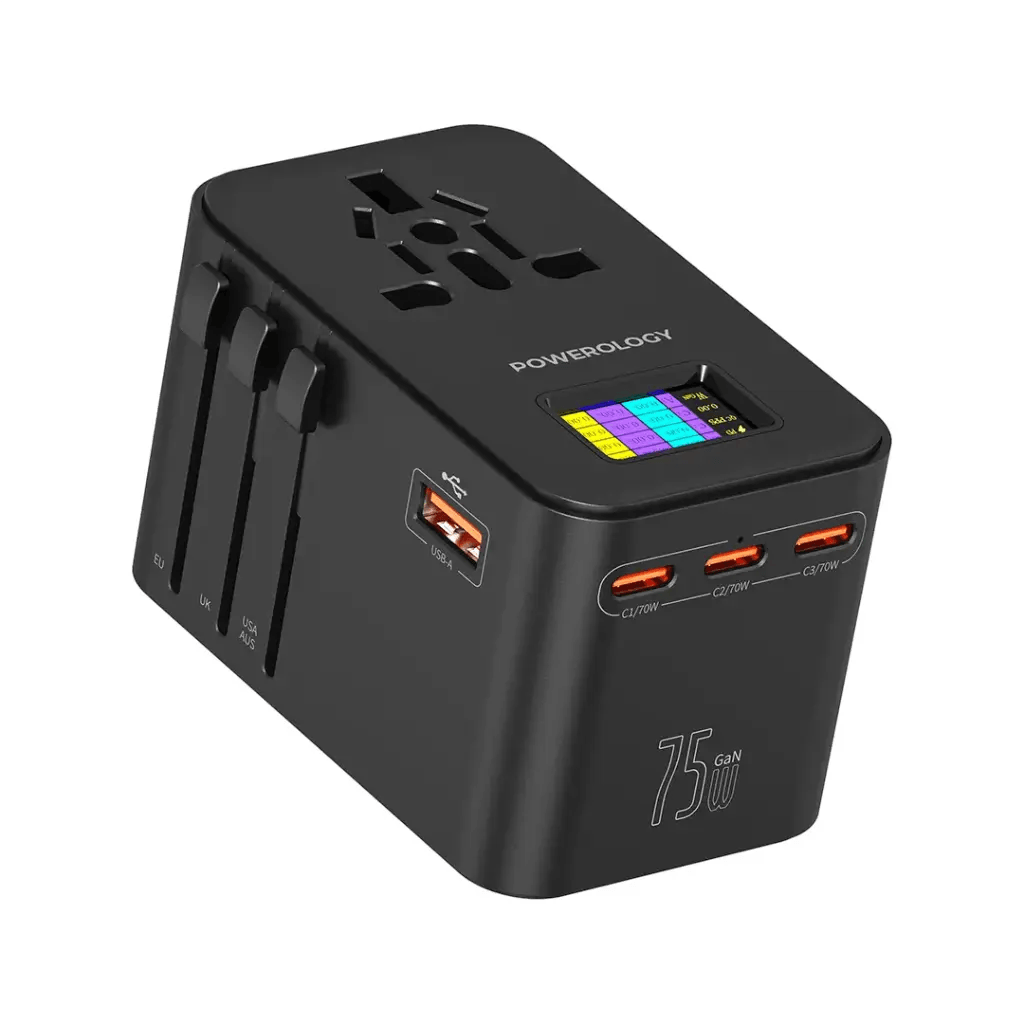 Powerology GaN 75W Universal Charger – 2500W Universal Travel Adapter with 3× USB-C, 1× USB-A & PD 70W Fast Charging | PWC041 | PWCUQC041 |