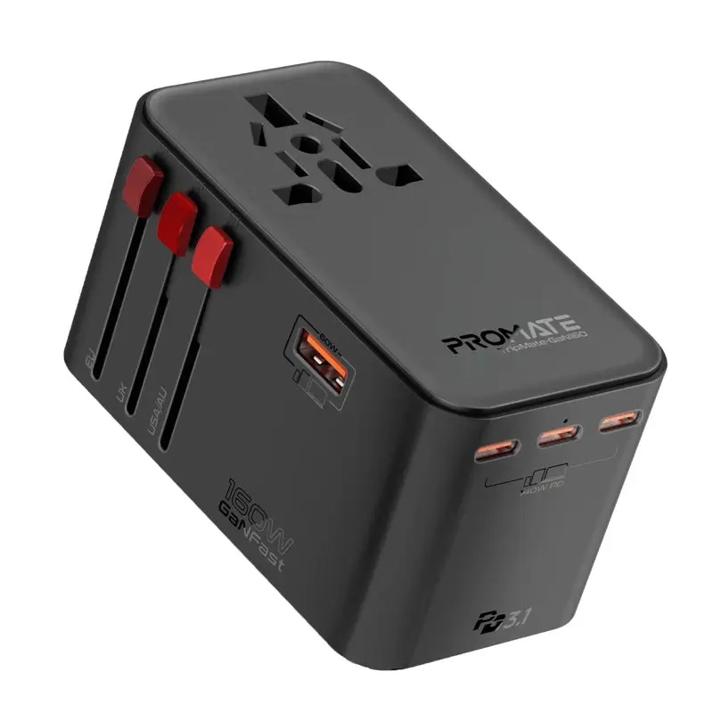 PROMATE GaNFast™ 160W Universal Travel Adapter with 3 USB-C PD Ports, 60W USB-A, Universal AC Socket & Worldwide Plug Compatibility | TripMate-GaN160 |