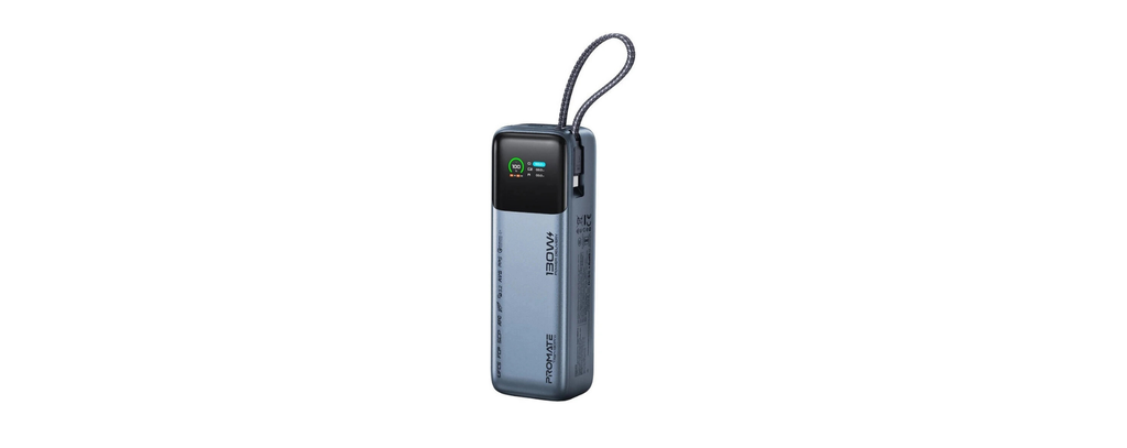 Promate 20000mAh Power Bank, 130W Total Output, 100W USB-C PD, Built-In Braided Cable, 22.5W USB-A, 65W Fast Recharge, TFT Display | Titan-130Pro |