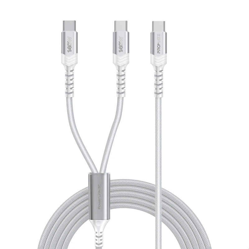 Promate 140W USB-C to Dual USB-C Charging Cable, PD 3.1, 480Mbps Data Transfer, 1.4M Fabric Braided Cable | PowerLink-3C |