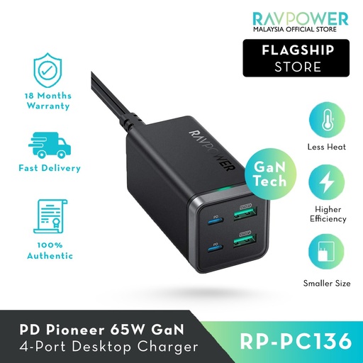 [7822] Ravpower | 65W | Power Delivery Multi-port Portable Power Bank With GaN Technology | RP-PC136 |