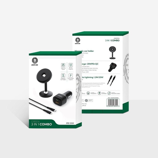 [8367] GREEN 3 IN 1 COMBO FAST CHARCHING CAR CHARGER WITH MAGNETIC CAR PHONE HOLDER & DATA CABLE | GN3IN1COMBO |
