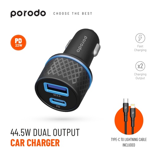 [8499] PORODO 44.5W DUAL OUTPUT FAST CAR CHARGER WITH TYPE-C TO IOS CABLE  | PD-CPDCTL-BK |
