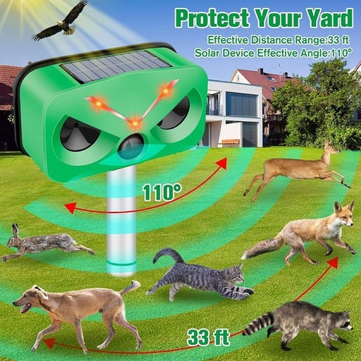 [9373] Outdoor Ultrasonic Solar Animal Repeller | Solar & Type-C Charging | Waterproof | 4 Adjustable Levels | 2 LED Flash Lamp | Voice Alarm | Variable Ultrasound Frequency |