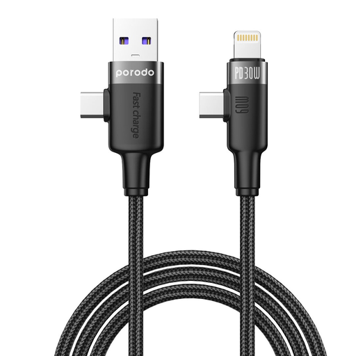 [9662] Porodo Dual Connector Braided 60W USB-A/USB-C to USB-C & Lightning Fast Charging Cable 1M | PD-AC2CLC-BK |