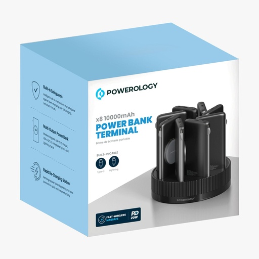 Powerology 8 in 1 10000mAh Power Bank Terminal PD20W Fast Charging with Built In Type C & Lightning Cables |PPBCHA2681BK|