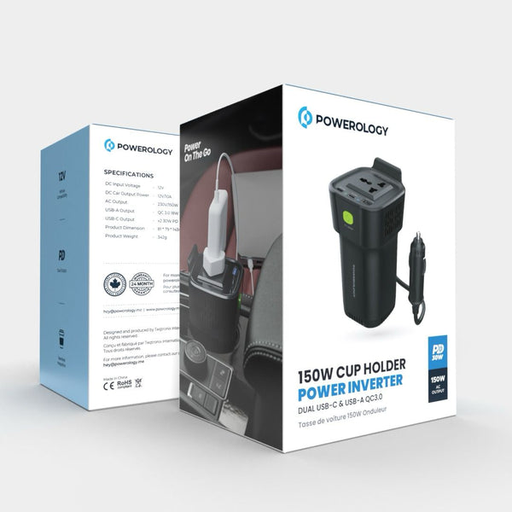 [9835] Powerology 150W Cup Holder Power Inverter | P150INVBK |