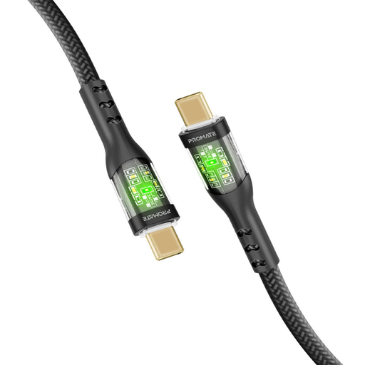 Promate 60W Power Delivery Ultra-Fast USB-C Cable with Transparent Shells, LED Lights, 2m Length | TransLine-CC200 |