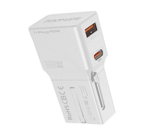 [11418] Promate Sleek Universal Power Plug with 18W Power Delivery and Quick Charge |TriPlug-PD18|