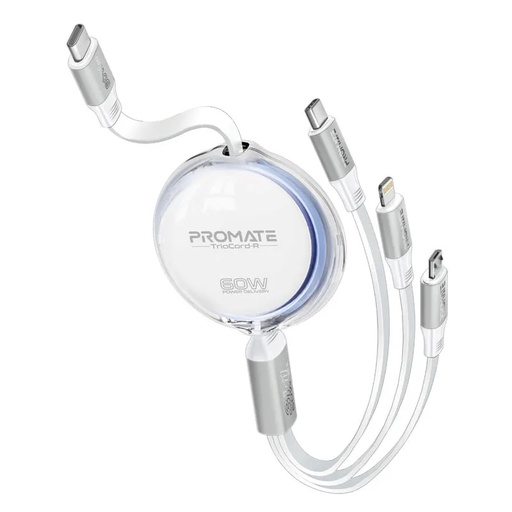 [11432] Promate 3 in 1 Long Bend Tangle Free Ultra Fast Retractable Multi Connector Soft Cable |TrioCord-R|