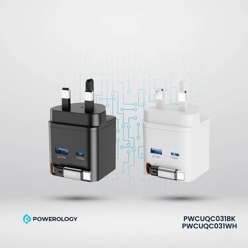 Powerology Dual Port Retractable GaN Charger 65W Fast Charging USB C & USB A Ports 3 Device Charging 75cm Retractable Cable Fireproof Design |PWC031||PWCUQC031|